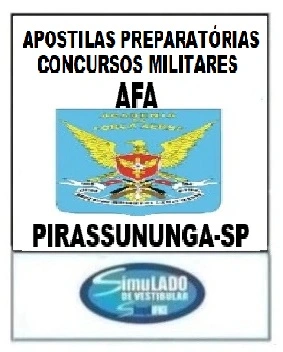 Banner advertising AFA military exam prep in Pirassununga, SP, with a blue emblem featuring an eagle and 'Simulado Vestibular' logo.