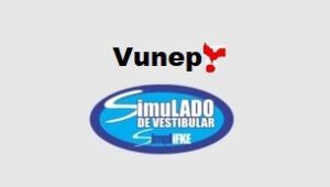 VuneP logo with a small red Brazil map outline above a blue oval logo that reads 'Simulado de Vestibular'.