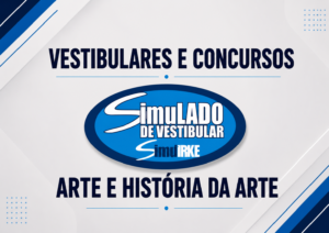 Banner promoting vestibulares e concursos, with bold blue text and a central blue oval logo, and 'Arte e História da Arte' at the bottom.