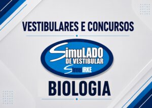 Banner publicitando 'Vestibulares e Concursos' com o tema Biologia e o logo azul no centro (Simulado de Vestibular).