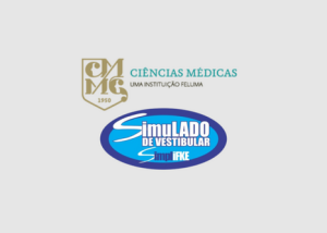 Logo of Ciências Médicas with crest on the left and a blue oval banner reading 'Simulado de Vestibular' on the right