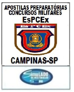 Patch showing the EsPCEx emblem for Campinas‑SP with the text 'Apostilas Preparatórias Concursos Militares' and a blue oval 'Simulado Vestibular' logo underneath.