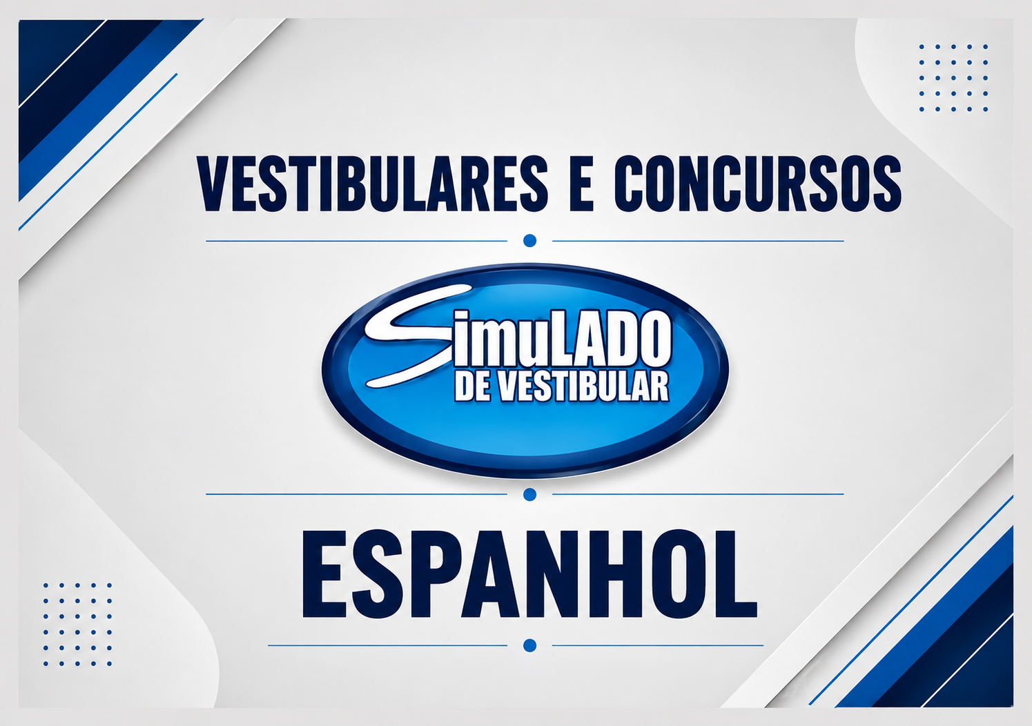 Banner promoting a Spanish-language vestibular mock exam, with a blue oval logo reading 'Simulado de Vestibular' and the words 'Vestibulares e Concursos' and 'Español' in bold blue letters.