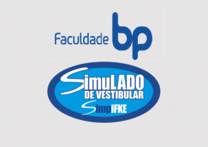 Logo combining Faculdade bp with a blue oval 'Simulado de Vestibular' badge beneath it.