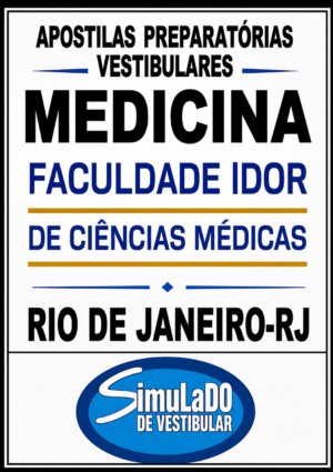 Poster publicitário de apostilas preparatórias para vestibular de medicina da Faculdade IDOR de Ciências Médicas, Rio de Janeiro—RJ, com o logo azul de Simulado de Vestibular.