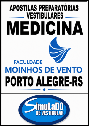 Poster advertising medical-entrance exam prep from Faculdade Moinhos de Vento, Porto Alegre (RS), featuring a blue logo and 'Simulado de Vestibular' badge.