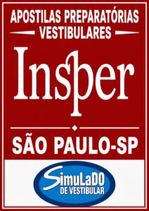 Red poster advertising vestibular prep booklets with 'Insper' and the 'Simulado de Vestibular' logo, São Paulo-SP.