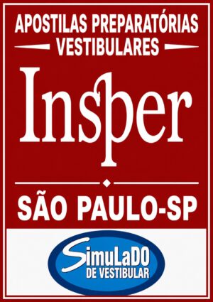 Red poster advertising vestibular prep booklets with 'Insper' and the 'Simulado de Vestibular' logo, São Paulo-SP.