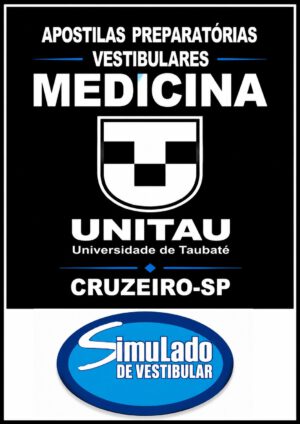 Poster promoting medical entrance exam prep at UNITAU, Cruzeiro-SP, with shield emblem and blue oval 'Simulado de Vestibular'