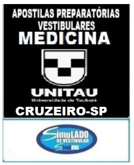 Poster promoting medical entrance exam prep materials from UNITAU Cruzeiro, SP, featuring the UNITAU crest and a 'Simulado de Vestibular' logo.